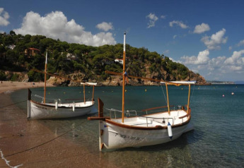 Deux bateaux sont amarrés sur une plage de sable, près d’une côte paisible aux collines vertes et ciel bleu.