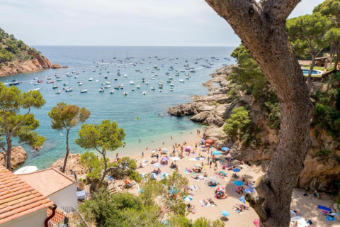 Vue sur une plage animée et mer bleue avec de nombreux bateaux au Resort «Begur 3» en Espagne, entourée d’arbres.