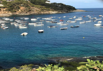 Vue sur une baie avec de nombreux bateaux amarrés dans une eau bleue claire, collines en arrière-plan.