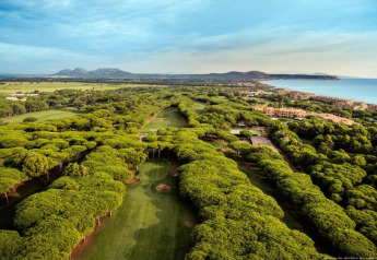 Vue aérienne d’un parcours de golf verdoyant en bord de mer, entouré d'arbres, de montagnes et de bâtiments.