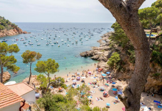 Vue sur la plage et de nombreux bateaux au Resort Begur 4 en Espagne, entourée d’arbres et de falaises.