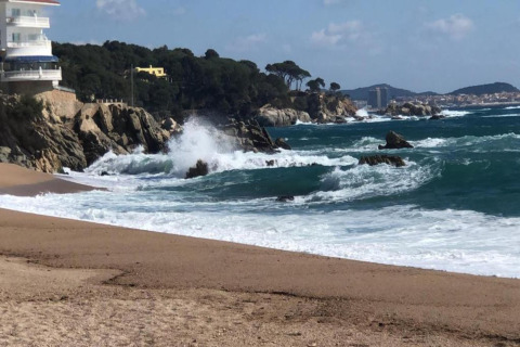 Udsigt over havet og klipperne ved Camping Interpals - Bungalow Sa Riera i Spanien med bølger, strand og træer.