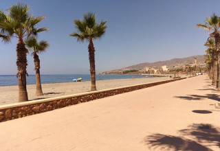Udsigt over stranden og promenaden ved Tamarit Park Resort 1 THALASSA i Spanien med palmer og blåt hav.
