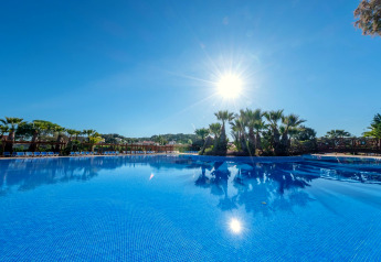 Grande piscine extérieure avec palmiers dans un hébergement glamping de luxe, sous un ciel bleu ensoleillé.