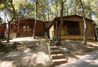 Twee houten bungalows bij Camping Estival Torre de la Mora in Spanje, midden in een bosrijke omgeving.