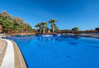 Udendørs swimmingpool med palmer, liggestole og træbroer på Camping Estival Torre de la Mora i Spanien.