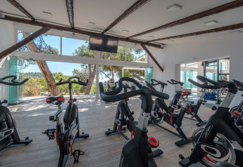 Salle de sport lumineuse avec vélos de spinning et grandes fenêtres donnant sur la forêt dans un glamping.