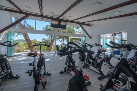 Moderne fitnessrum med spinningcykler og store vinduer med udsigt over naturen på et glampingsted.