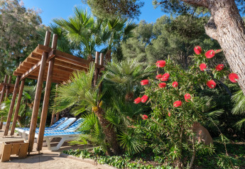 Glamping-Bereich mit Sonnenliegen unter Holzpergolen, umgeben von Palmen und blühenden Sträuchern.