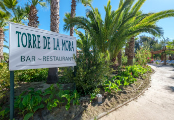 Entrée du bar-restaurant Torre de la Mora dans un hébergement glamping entouré de palmiers et jardins.