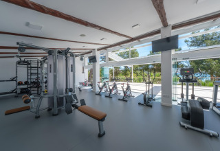 Modernes Fitnessstudio in einer Glamping-Unterkunft mit großen Fenstern und Blick auf die Natur.