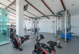 Moderne fitnesscenter på glamping-sted med romaskiner, vægtstation og cykler i lyst, rummeligt lokale.