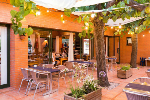 Espace repas extérieur charmant dans un hébergement glamping, avec guirlandes et arbres ombragés.