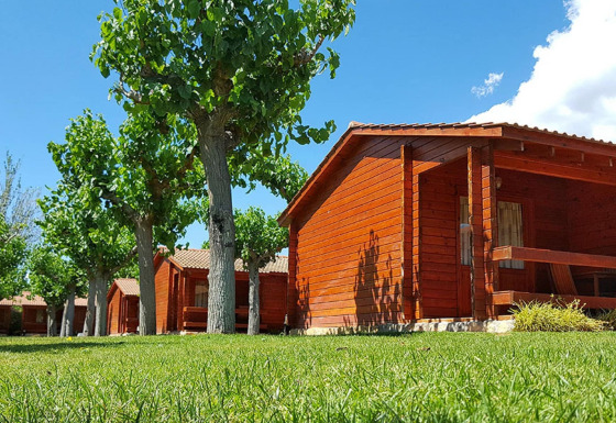 Charmants chalets en bois à La Llosa Ponent, bordés de pelouse et d’arbres sous un ciel bleu clair.