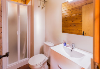 Salle de bain moderne à La Llosa Ponent en Espagne avec douche, toilettes, lavabo et murs en bois.