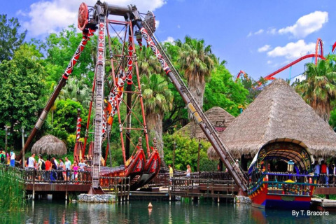 Manège bateau coloré avec visiteurs et lodges de glamping dans un cadre tropical verdoyant et aquatique.