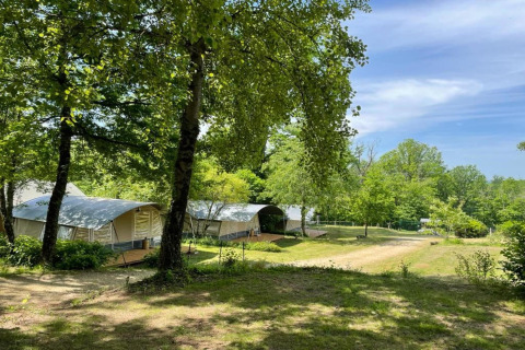Tiendas tipo safari bajo los árboles en Camping Le Clou 1, Francia, rodeadas de naturaleza y cielo despejado.