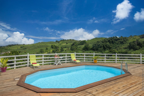 Piscina octogonal sobre tarima de madera con tumbonas y vistas al campo verde bajo un cielo azul despejado.