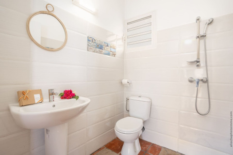 Baño luminoso en Bungalow «avec piscine au cœur de la campagne Vert» en Portugal con ducha y WC modernos.