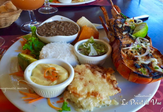 Exquisita comida de glamping con langosta a la parrilla, arroz, frijoles, gratinado, ensalada y mayonesa casera.