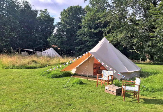 Tienda estilo tipi sobre césped, con dos sillas y una caja, rodeada de árboles verdes y naturaleza.