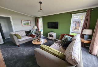 Stue i New Puddledock lodge, Storbritannien, med grøn væg, moderne møbler og fladskærms-tv.