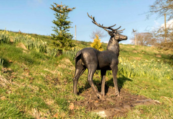 Statue en bronze d’un cerf sur une colline herbeuse à New Puddledock Lodge, Royaume-Uni, par beau temps.