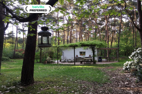 Chalet Het Beerenbos immerso nel bosco, con area esterna e tanta vegetazione verde intorno.
