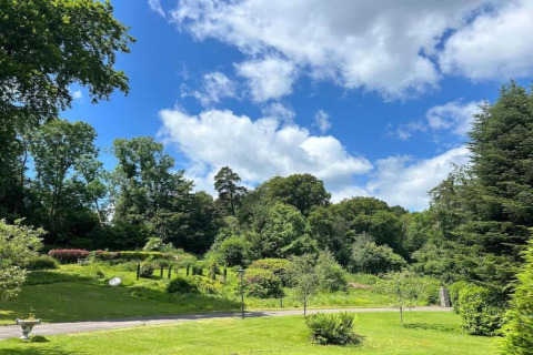 Udsigt over frodig have og træer under blå himmel med skyer hos Little Dunley - Apple Lodge, Storbritannien.