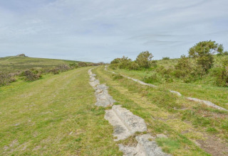 Stenet sti gennem et grønt landskab nær Little Dunley - Apple Lodge i Storbritannien under overskyet himmel.