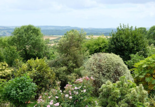 Udsigt til frodig grøn have og landskab set fra Little Dunley - Apple Lodge, Storbritannien.