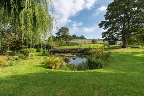 Vredig uitzicht op een vijver en groene tuin bij Little Rissington - Barn Four lodge in het Verenigd Koninkrijk.