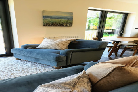 Soggiorno al lodge Blackbarn Wood nel Regno Unito, divano blu, tappeto chiaro e vista sul giardino.
