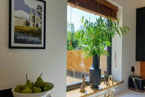 Angolo cucina luminoso a Blackbarn Wood con pere, pianta verde, vista sul giardino e quadro decorativo.