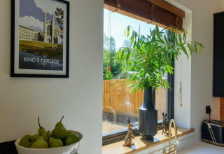 Angolo cucina luminoso a Blackbarn Wood con pere, pianta verde, vista sul giardino e quadro decorativo.
