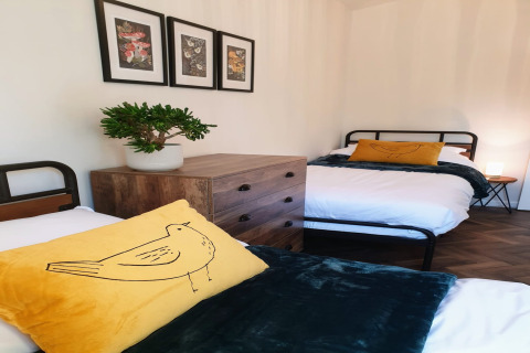 Letti singoli con cuscini gialli con uccelli a Blackbarn Wood lodge, UK. Cassettiera e quadri a parete.