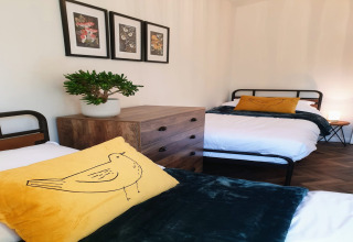 Letti singoli con cuscini gialli con uccelli a Blackbarn Wood lodge, UK. Cassettiera e quadri a parete.
