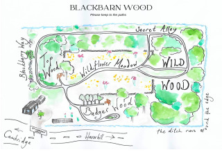 Mappa disegnata a mano di Blackbarn Wood con sentieri, boschi, prato fiorito e aree principali nel Regno Unito.