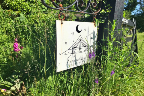 Un cartel de 'Iris Bell Tent' en una puerta negra, rodeado de flores silvestres y vegetación en Reino Unido.
