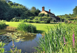 Peaceful rural English landscape with lily pond, cottage, lush greenery and wildflowers under blue sky.