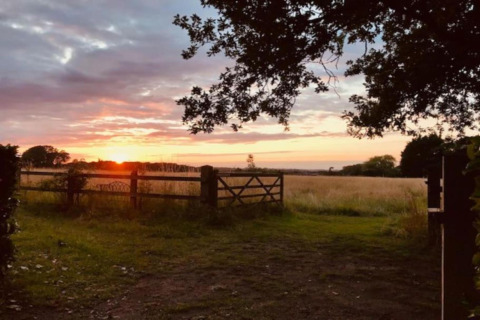 Sunset over a field viewed from Bulrush Bell Tent in the United Kingdom, with trees and a wooden fence.