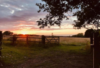 Sunset over a field viewed from Bulrush Bell Tent in the United Kingdom, with trees and a wooden fence.
