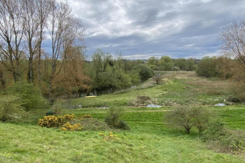 View of lush green landscape, trees, and a river at Bulrush Bell Tent in the United Kingdom under cloudy skies.