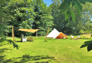 A cozy teepee tent on a grassy field with picnic table, sunshade, and chairs, surrounded by tall trees.