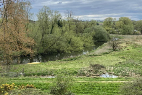 View of a green meadow, river, and trees taken from the Bulrush Bell Tent in the United Kingdom.