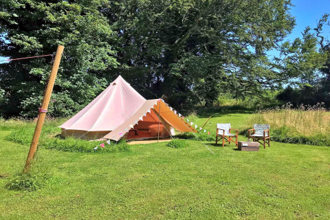 A glamping teepee tent at Meadow Glamping Tents in the UK, set on a green field with trees in the background.