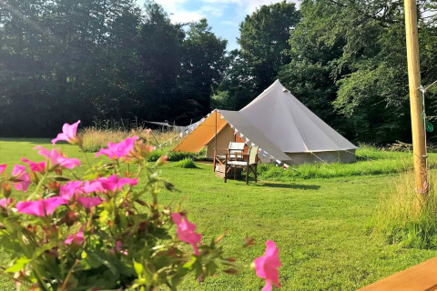 Bell tent at Meadow Glamping Tents, UK, on a grassy field with pink flowers and wooden chairs outside.