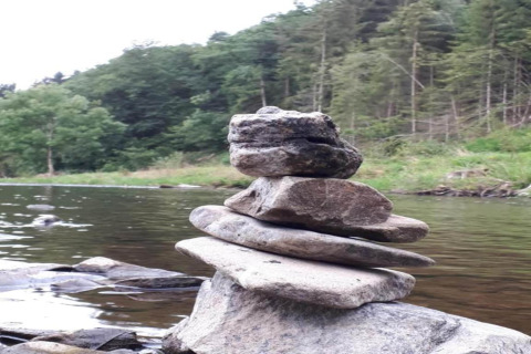 Gestapelde stenen aan een rivier met bos op de achtergrond, foto genomen vanaf een chalet in de natuur.
