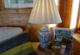 Angolo accogliente nella cabina 'Tore Petty', Regno Unito, con lampada, cuscino a righe e cestino di opuscoli.