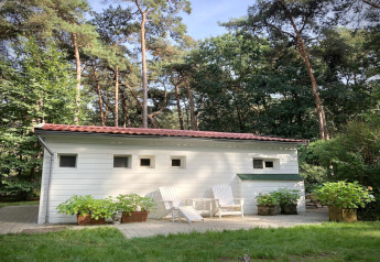 Een gezellig wit chalet Het Beerenbos in België, omgeven door bosrijke natuur en tuinmeubilair.